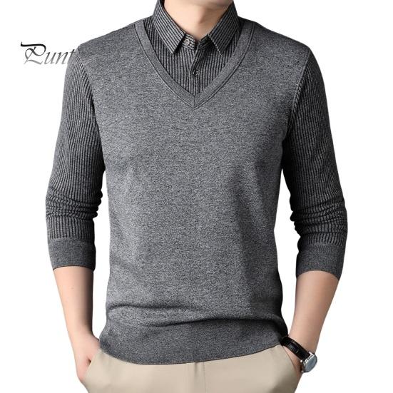 

Мужской свитер, имитация двухсекционной рубашки и свитера, формальный деловой стиль, отложной воротник, длинные рукава, полосатый офисный топ на осень и весну L серый