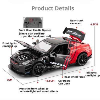 1:32 Scale GTR Car Model Toy Music Light Pull Back Wheel Steering Sports Cars Models Toys Simulation Vehicles Gifts for Child