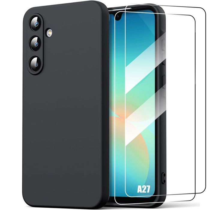 Case for Samsung Galaxy A27 5G, Ultra Slim Flexible Matte Black Liquid Silicone - 2 Tempered Glasses