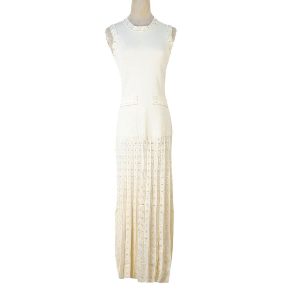 Elegant French Knitted Dress: Sleeveless, Beaded, Hollow-out Design, Slim Fit, Round Neck - Perfect for Spring/Summer