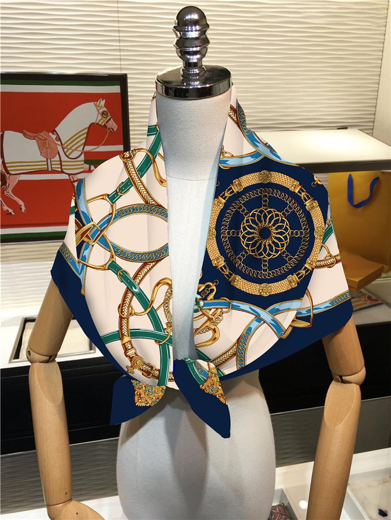 Silk Scarf Women Melt Chain Print Square Scarves Head Echarpes Silk Foulards Femme Wraps Beach Shawl Bandana Lady Hijabs 90CM