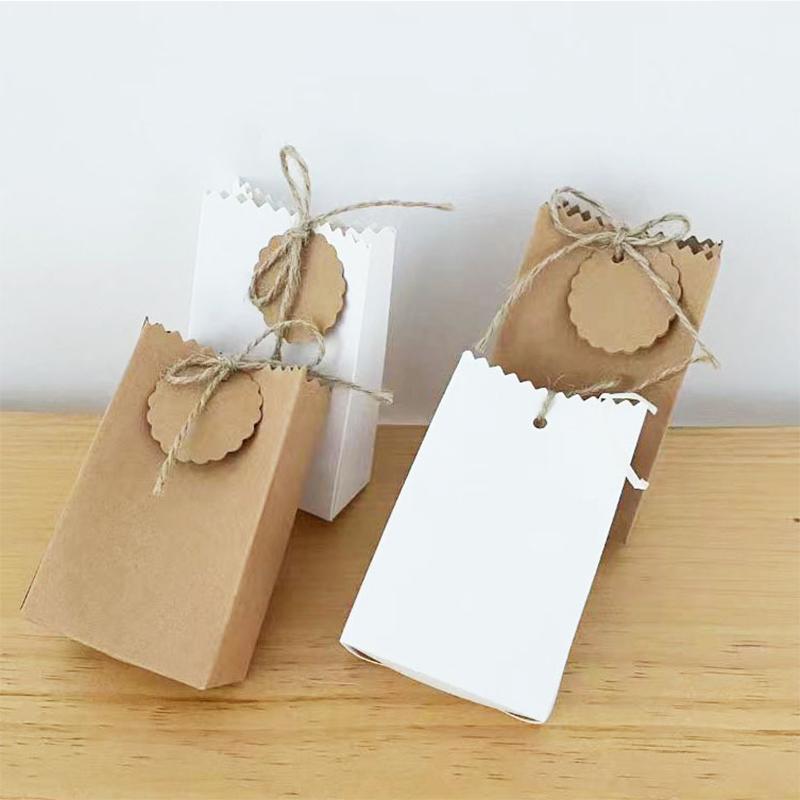 10set With Tag and Rope Candy Box Bread Bag White Candy Biscuit Bag For Guest Gift Gift Bag Brown 7x3.5x11CM