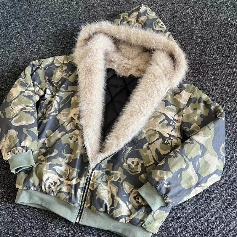 American Fashion New Camouflage Fur Collar Thick Velvet Jacket Y2K Punk Wind Rock Tide Brand Baggy Hooded Couple Sports Coats