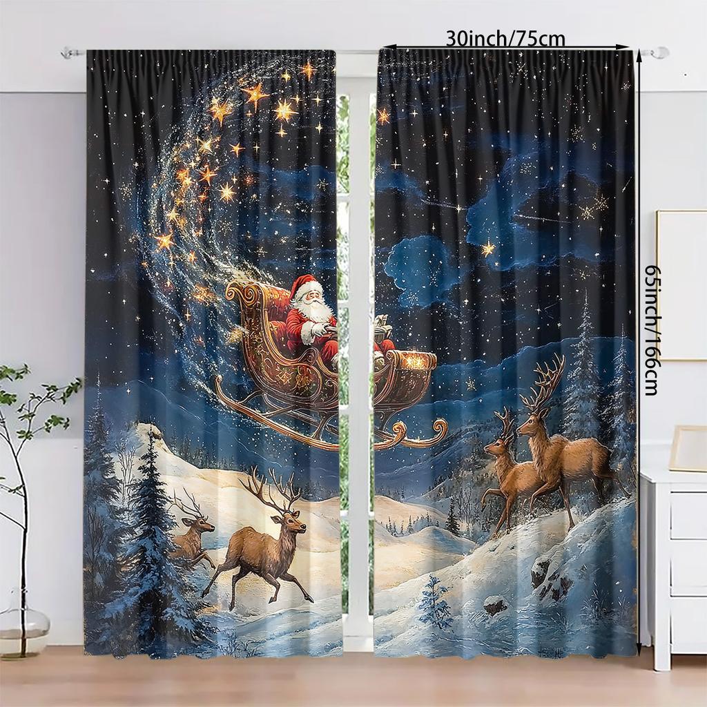 Set Of 2 Santa Sled Christmas Curtains Hd Print Polyester Bedroom Living Room Office Decor Curtain Sheer For Great Made With Rod Pocket Washable