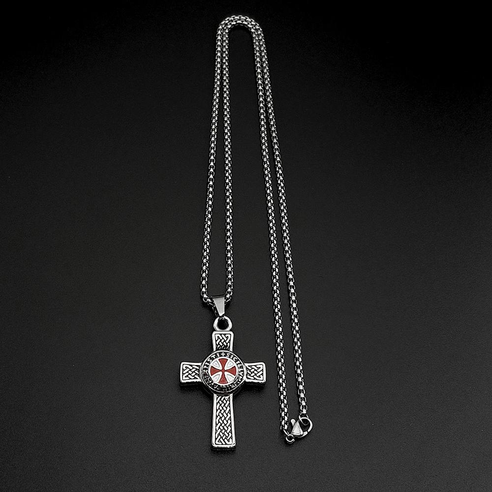 Red Enamel Knights Templar Cross Shield Pendant Necklace Stainless Steel Celtic Knot Latin Inscription Chains Amulet Jewelry