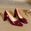 Thick heel French high heels red wedding shoes 2025 new autumn women's shoes bow patent leather square head shallow mouth single shoes