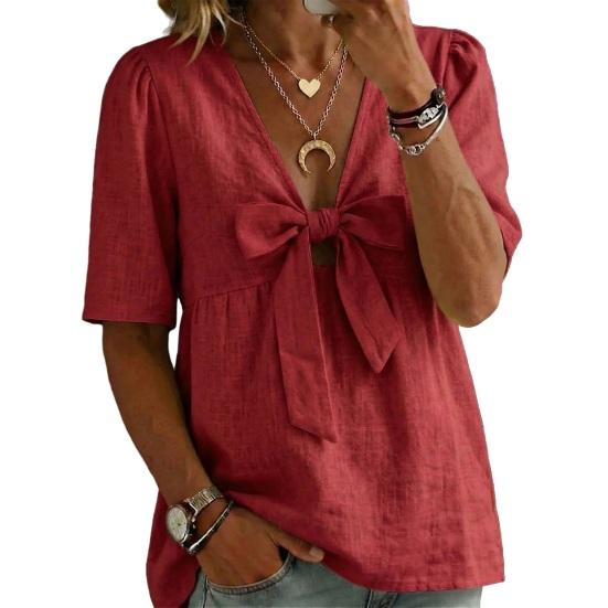 

Women Shirt Pure Color Loose Fit Commuting Style Casual Tops Front Bowknot Decor Summer Pullover S