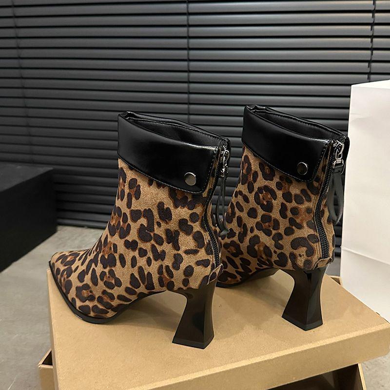 Korean Style Women’s High Heel Suede Boots - Autumn/Winter 2025: Versatile Chunky Heel, Pointed Toe, Leopard Print