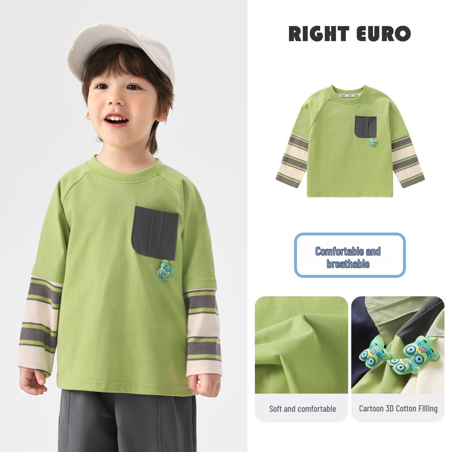 

Right European Boys Striped Long-Sleeve Faux Two-Piece Spring Shirt 2026 - New Kids Layered Shirt for Spring and Autumn. 100cm grass зелений колір