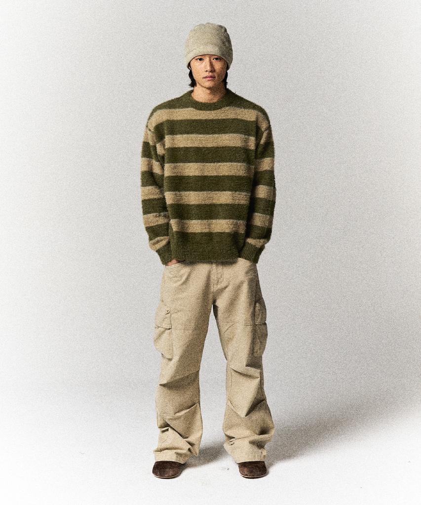 SLOWACID Hairy Stripe Pullover Knit [Khaki]