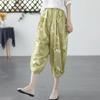 Women's Retro Loose Printed Thin Harem Pants Cotton-Linen Casual Seven-Point Trousers