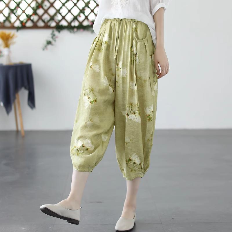 Women's Retro Loose Printed Thin Harem Pants Cotton-Linen Casual Seven-Point Trousers