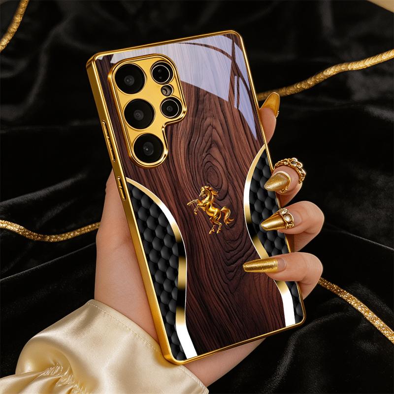 Quilted Gold Horse Electroplated Golden Phone Case For Samsung Note 10 20 A06 A07 A12 A13 A14 A15 A16 A17 A22 A23 25 Glass Cover