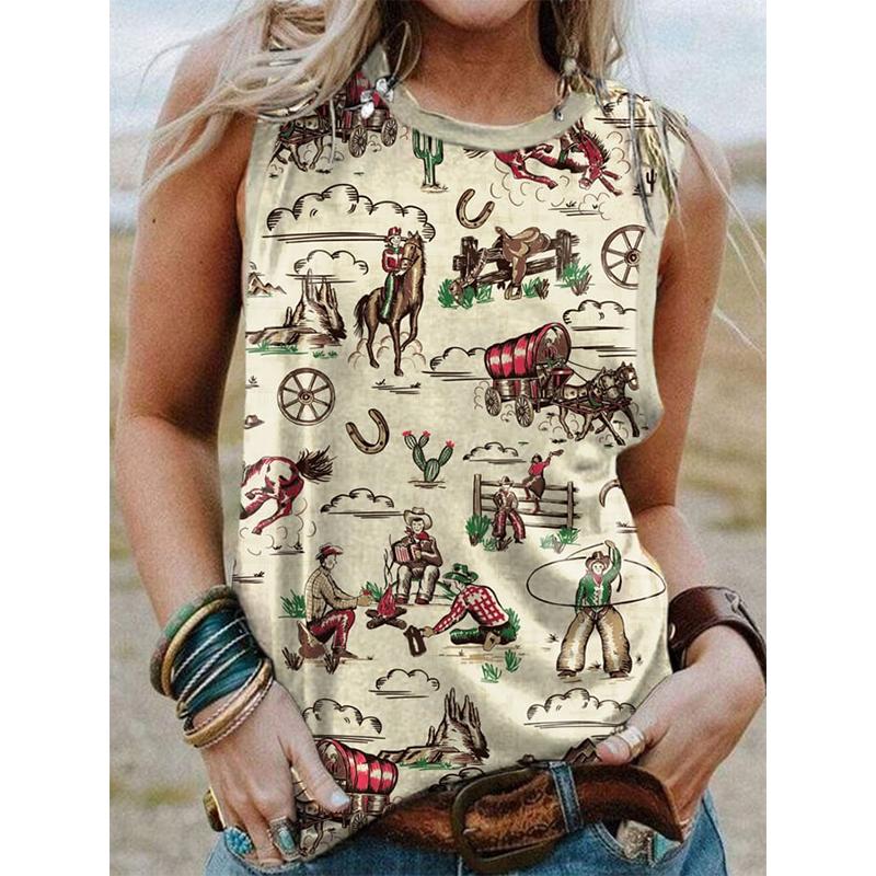 New retro western denim sleeveless T-shirt with women's 3D horse print, round neck and off shoulder vest, Y2K sleeveless T-shirt, women's clothing