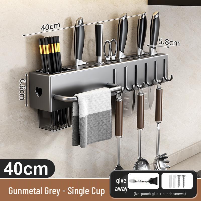 Wall-Mounted Kitchen Knife & Chopstick Storage Rack with Hooks (Punch-Free)