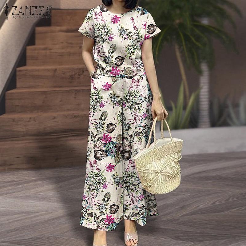 

ZANZEA женские повседневные комплекты с цветочным принтом, топы с короткими рукавами, широкие прямые свободные брюки, костюм из двух предметов