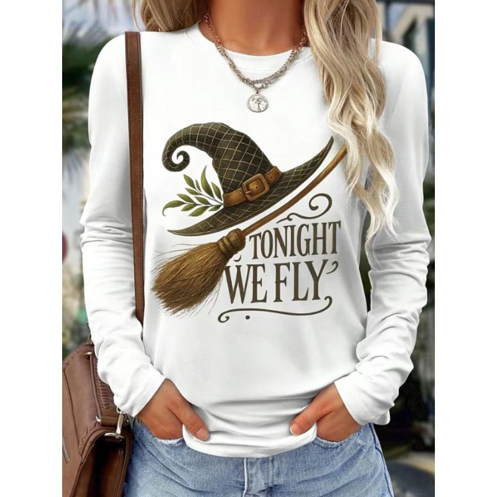 Tops for Women Magic Hat Print Round Neck Long Sleeve T-shirt Fall Casual Slim Pullover Women's Long Sleeve Top