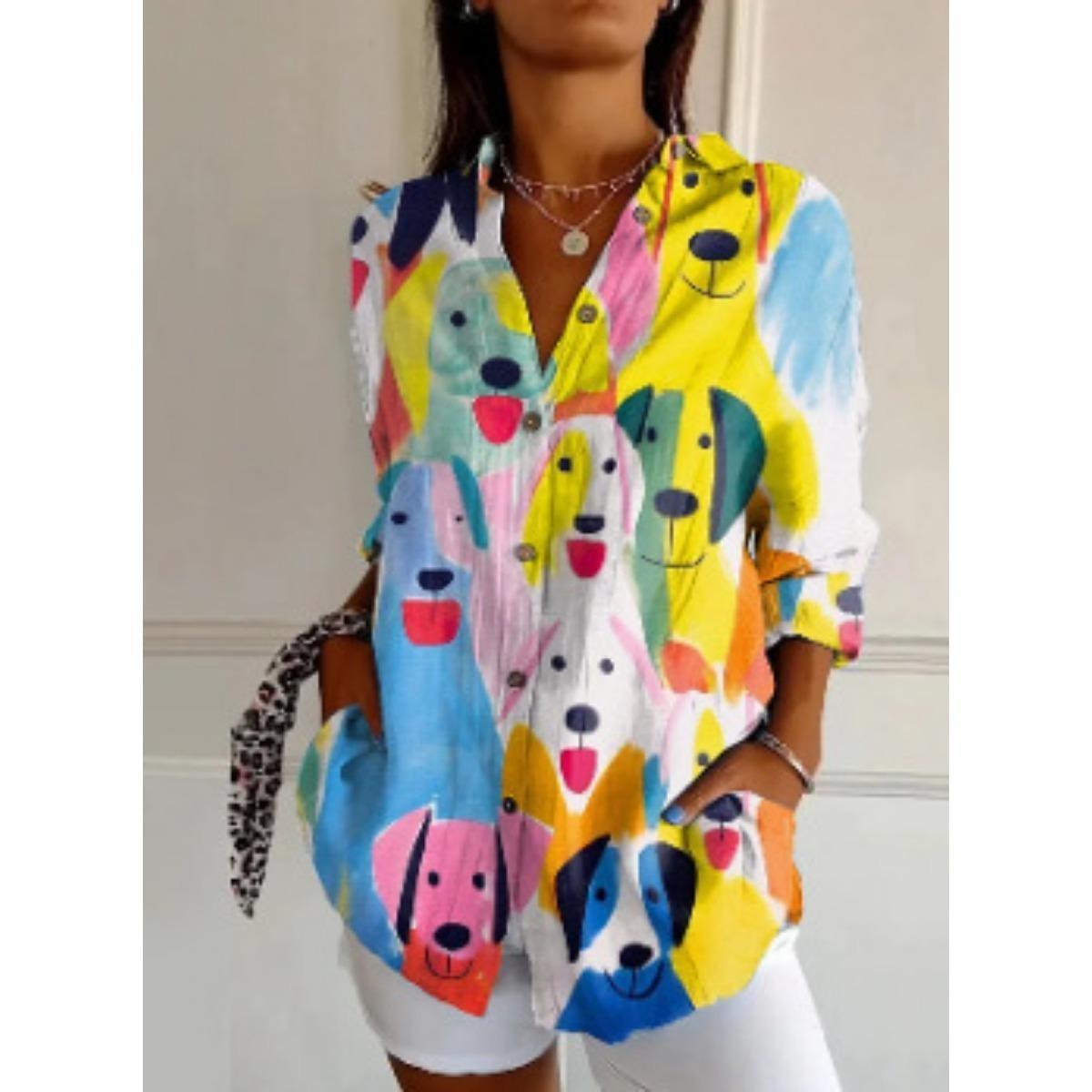 

Жіноча, Повсякденна, З довгим рукавом, Сорочка на ґудзиках, Квітковий принт, Можна прати в машині, Повсякденний, Вільний крій 2XL