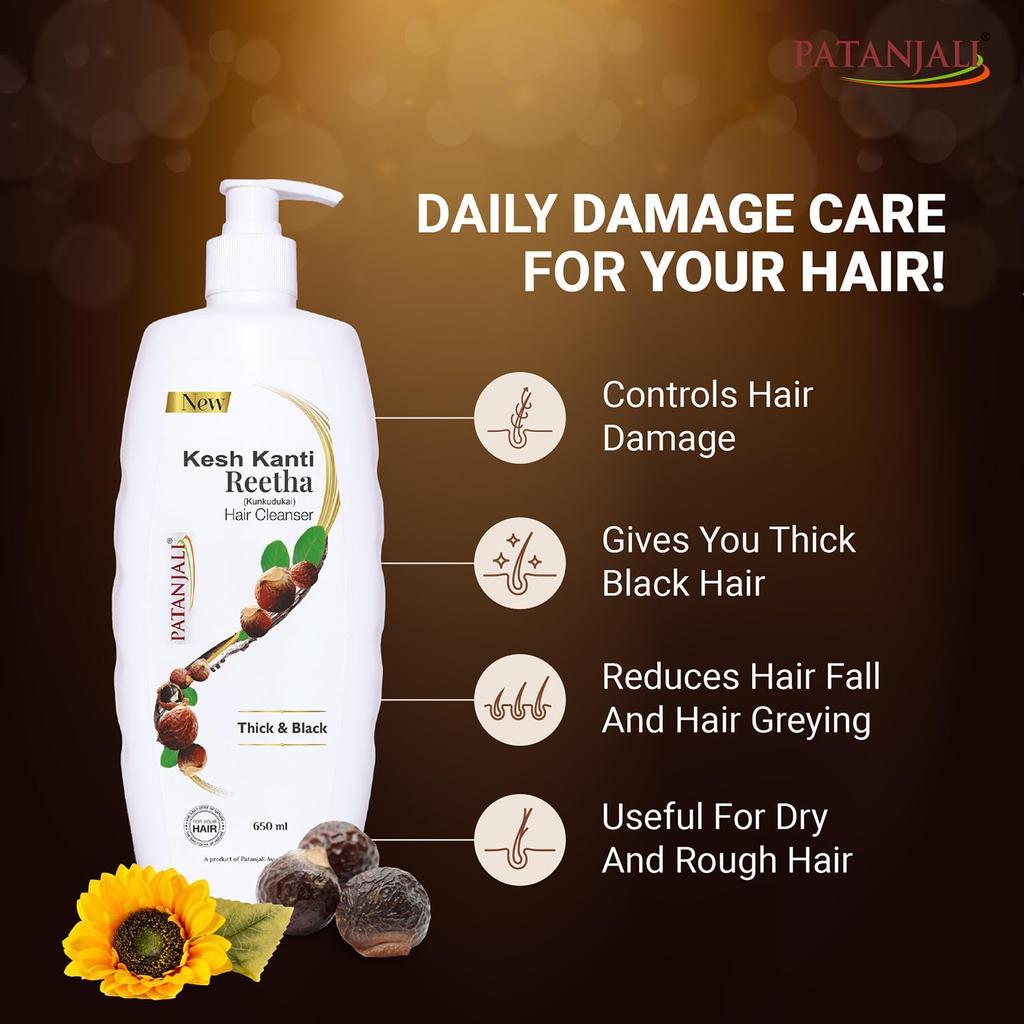 Patanjali Kesh Kanti Reetha Haarreiniger 650 ml Natürliches Shampoo für dickes schwarzes Haar Kopfhautpflege
