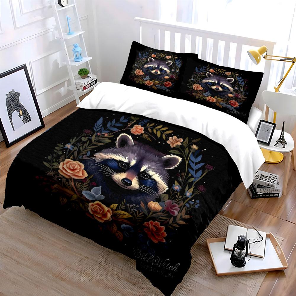 Set de așternut moale, prietenos cu pielea, cu decor Art Floral Raccoon Include 1 Față de plapumă și 2 Fețe de pernă Cadou