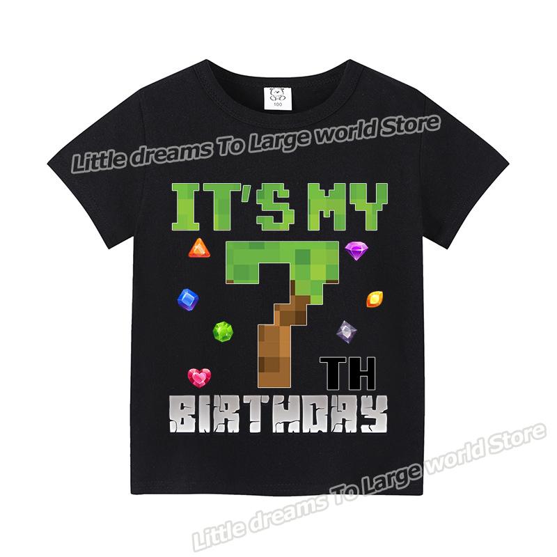 Miner Crafting Number T-shirt Pixels 1-9 Birthday Party Supplies Short Sleeve Tee Boys Girls Summer Clothing Simple Base Tshirt