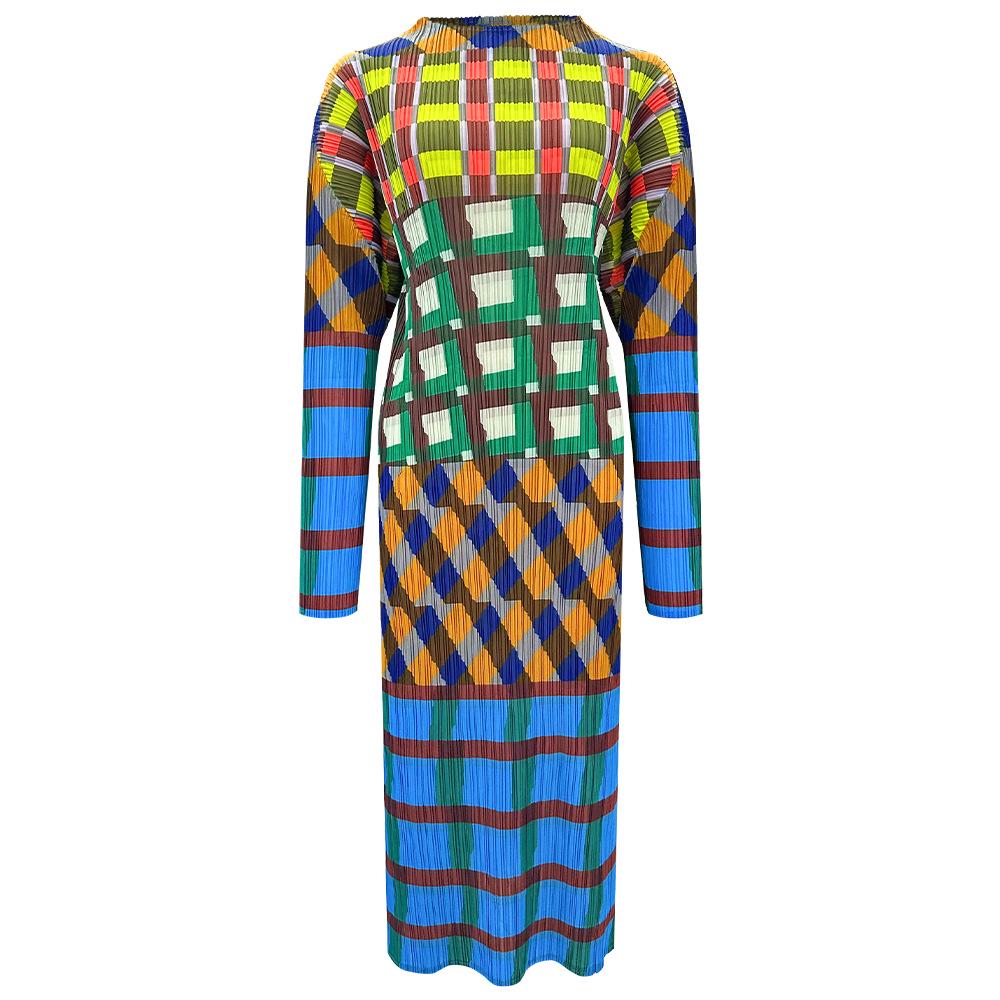 

Miyake 2025 Женское платье с длинным рукавом, плиссированное, в клетку, с цветными блоками и разрезом One Size синий