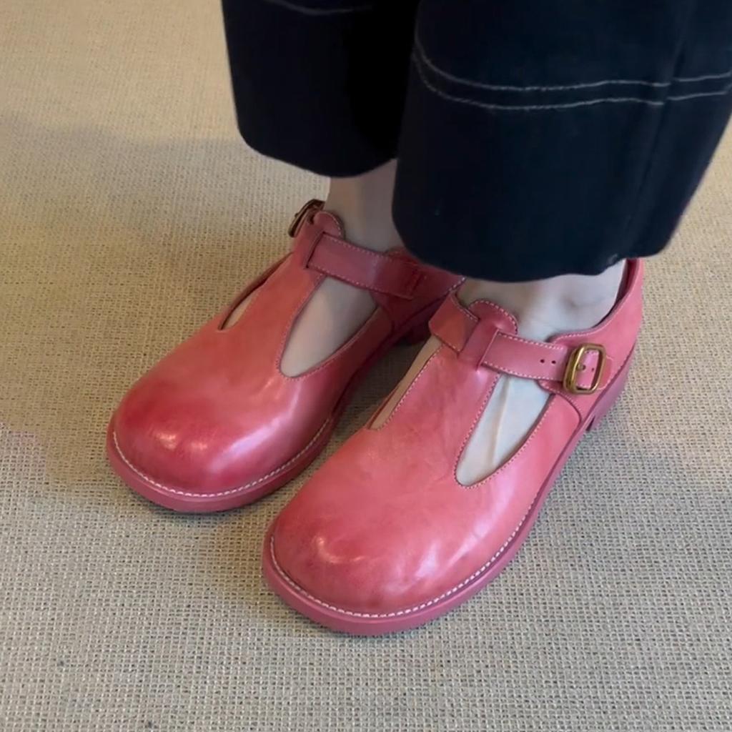 Cowhide Version~ Retro Pink Small Leather Shoes with Round Head Polishing Mary Jane Single Shoes Women's Thick Heel T-buckle Strap