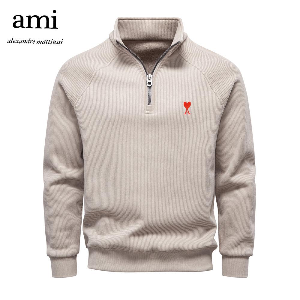 AMI 2025 Nieuwe Herfst/Winter Borduurwerk Halve Rits Hoodie Opstaande Kraag Trendy Veelzijdig Pluche Heren Hoodie L
