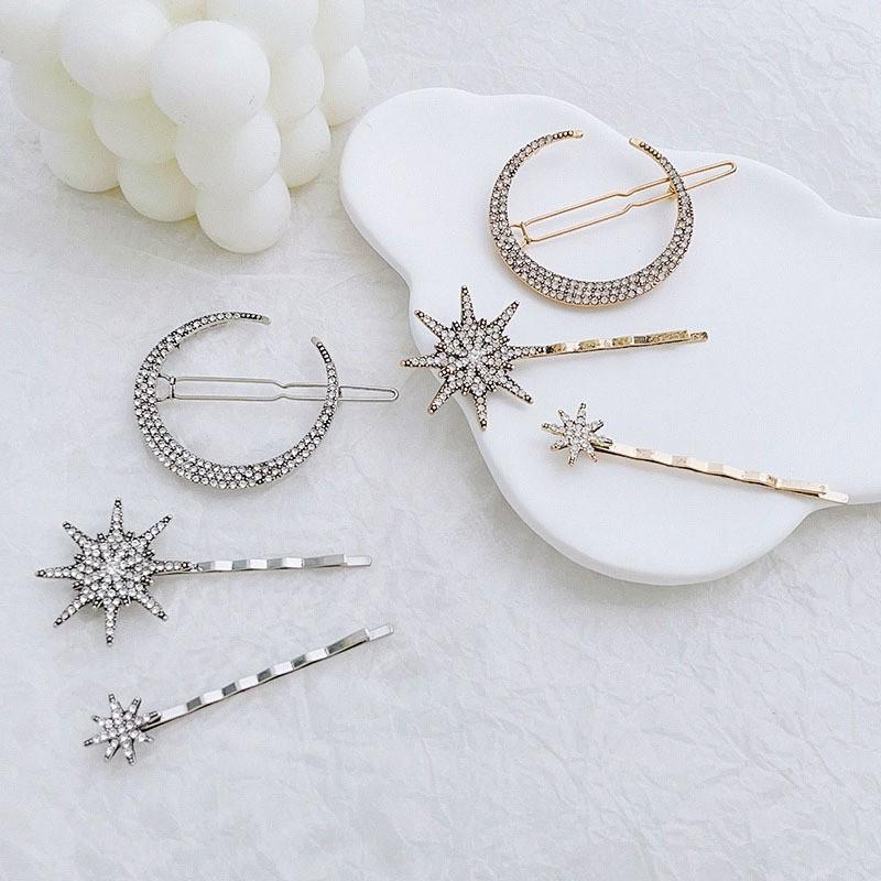 3 Pieces of Elegant Rhinestone Star and Moon Shaped Hair Clips for Women, Fashionable Side Clips, Bridal Decorations, Women's Hair Accessories Suitab