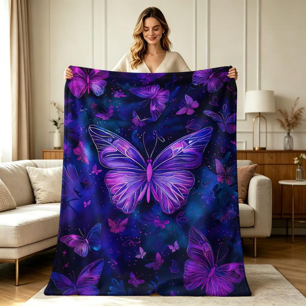 Ultra Soft Flannel Fleece Blanket with Dreamy Purple Butterfly Galaxy Print All Season Warm Cozy Lightweight Throw Blanket for Sofa Couch Bed Office L