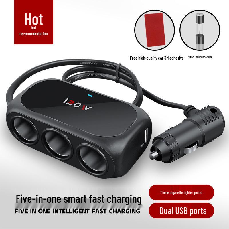Dualer USB Multifunktions-Autoladeadapter mit 3 Zigarettenanzünderanschlüssen zum schnellen Aufladen von Mobiltelefonen