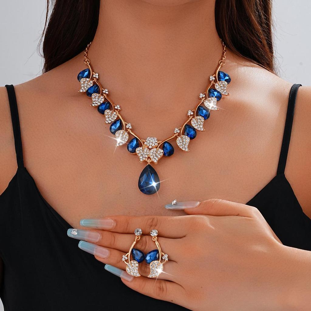 Retro Ethnic Water Drop Gem Necklace & Leaf Jewelry Set for Women
