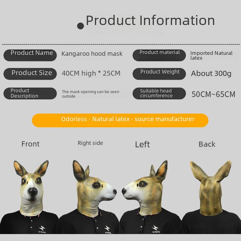 Bedårande känguruhuvmask gjord av mjuk latex idealisk för maskeradfester och festivaler