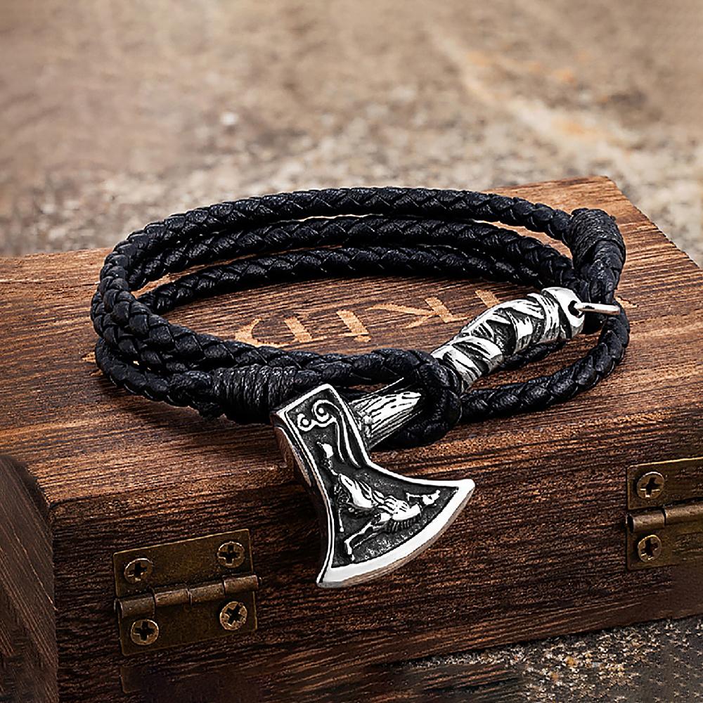 Mens Stainless Steel Vikings Axe Bracelet Leather Wolf Amulet Handmade Bracelet For Men Women Biker Outdoor Jewelry Gift