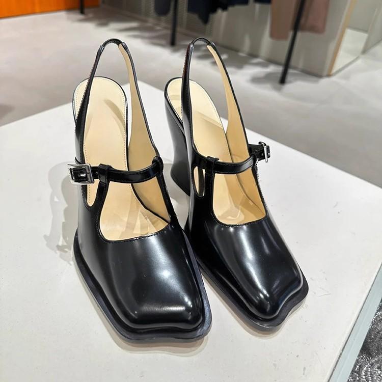 

Версия из овчины~ Винтажные туфли Мэри Джейн женские головка с пряжкой на ремешке сзади пустой толстый каблук высокие каблуки 40 чёрный