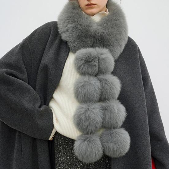 Women Scarf Solid Color Soft Imitation Fox Fur Shawl with Plush Balls