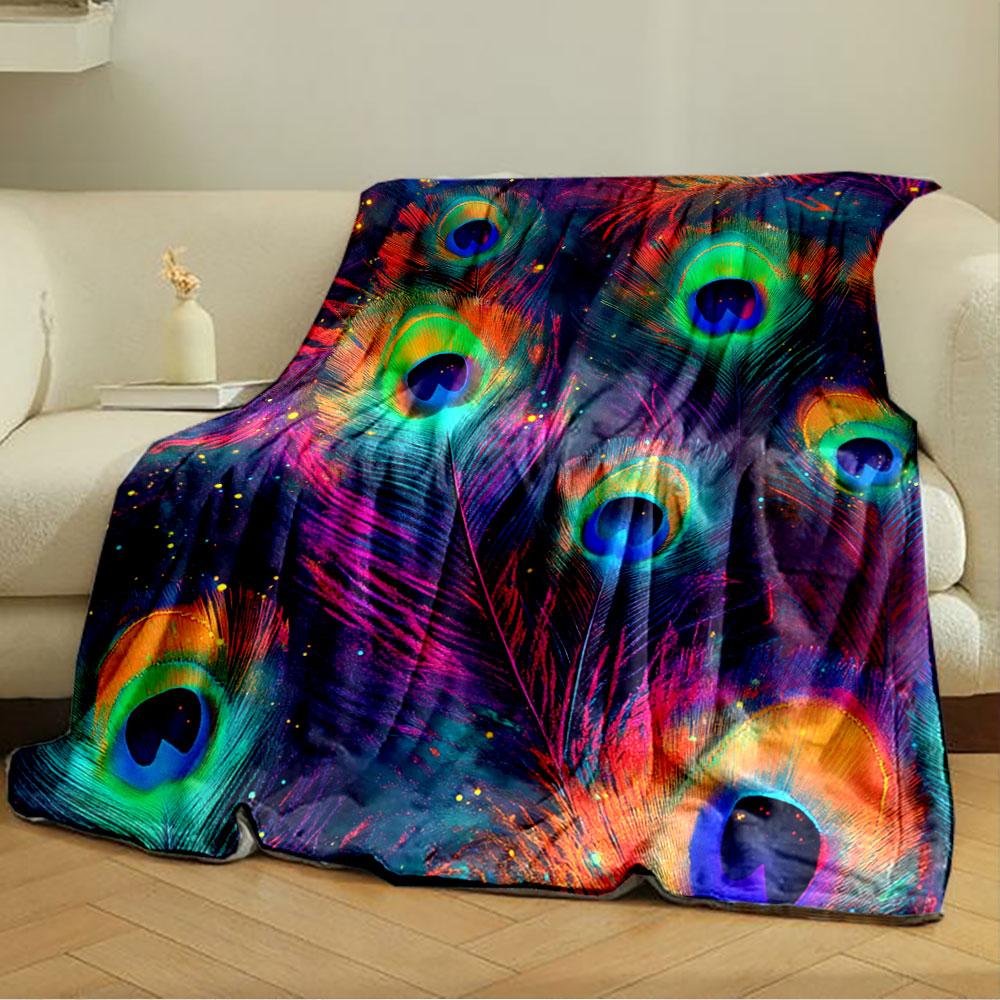 Vibrant peacock feathers with a cosmic and multicolor glowing effect. for all seasons blanket lunch break throw gift
