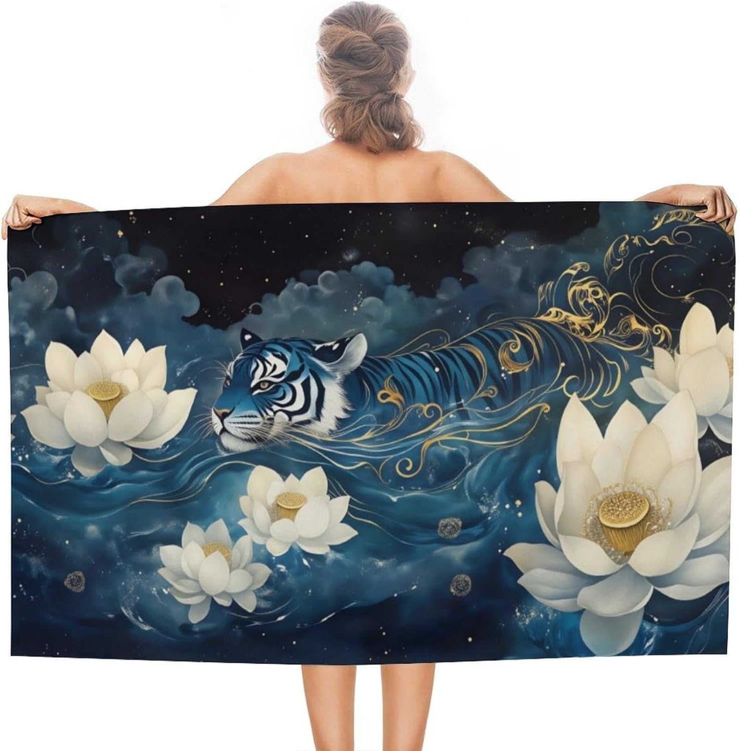 

White Tiger & Plum Blossom Microfiber Beach Towel Extra Large Quick Dry Lightweight Towel, Compact Fast Drying Towel for Travel W30*H60(CM)