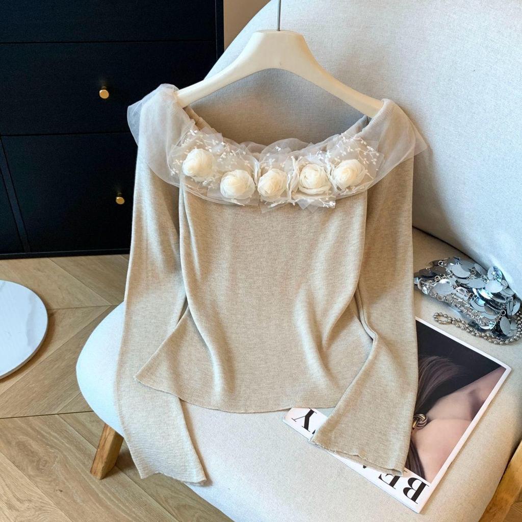 Chic Romantic 3D Floral One-Shoulder Long-Sleeve Knitted Top for Women