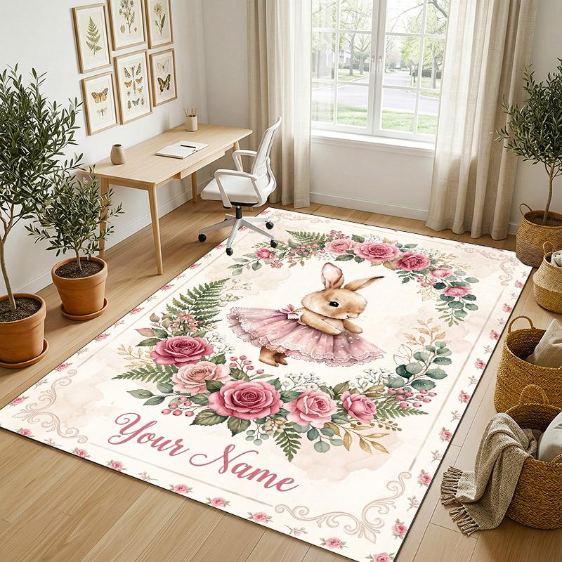 Easter Bunny Theme Crystal Velvet Rug Personalized Custom Name Text Soft Floor Mat Home Decor