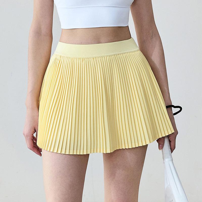 Damen Tennisrock mit hohem Bund: Fake zweiteiliger plissierter Sport-Skort mit integrierten Shorts.