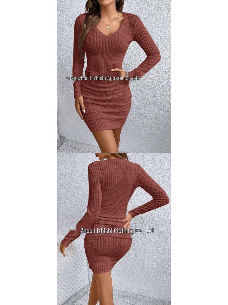 2026 European & American Slim-Fit Ribbed V-Neck Long-Sleeved Hip-Hugging Dress for Spring & Autumn