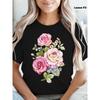 Women's Plus Size Black Pink White Rose Floral Print T-Shirt Round Neck Short Sleeve Soft Loose Fit Machine Washable Elegant Romantic Summer Casual