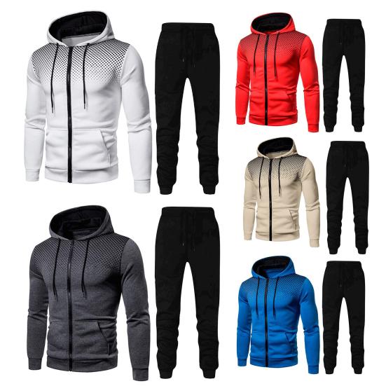 2Pcs/Set Men Sports Suit Drawstring Hooded Long Sleeve Tops Elastic Waist Trousers Set Fitness Outfit Exercise Casual Wear