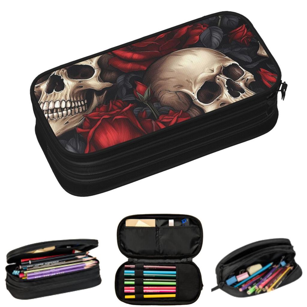 Gothic Skull And Rose Floral Pencil Cases for Student Gifts Pen Box Pencil Bag Big Capacity Pencil Pouch