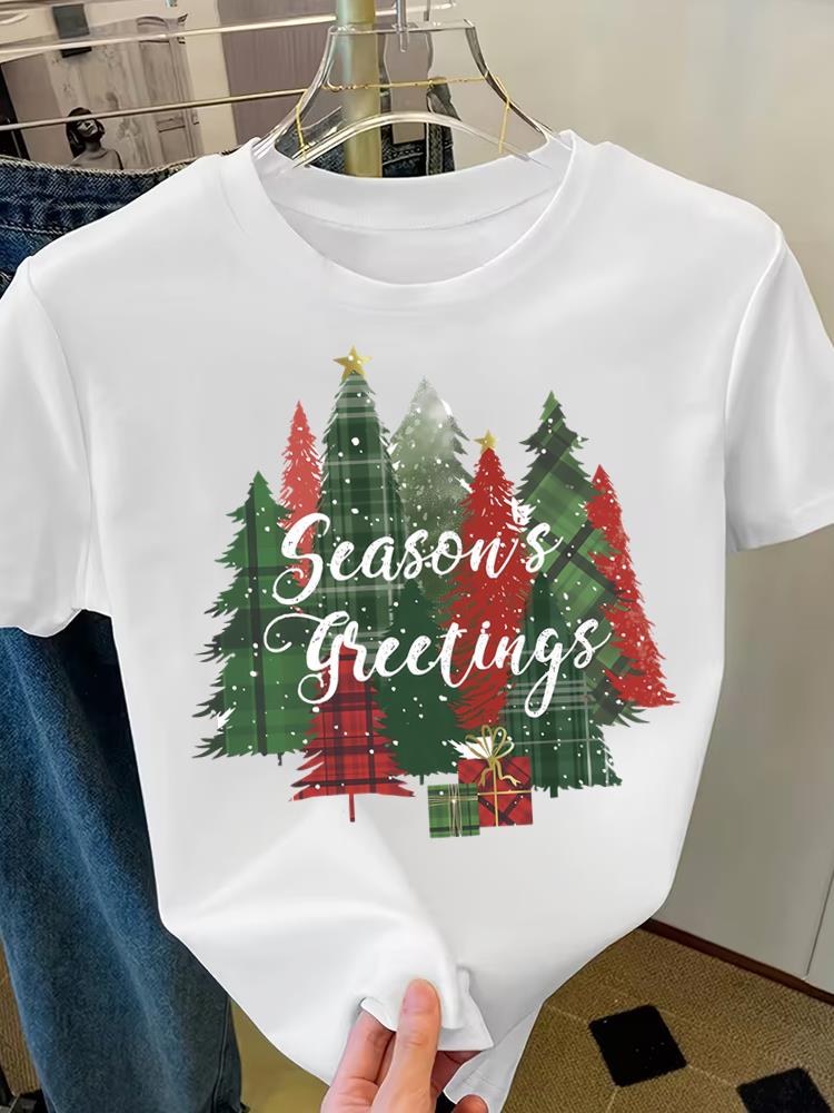 (Asian Size) style truck trend Merry Christmas Short Sleeve T-shirts Women's Top O-neck T Shirt Print Fashion Casual New Year Clothing Graphic Tee