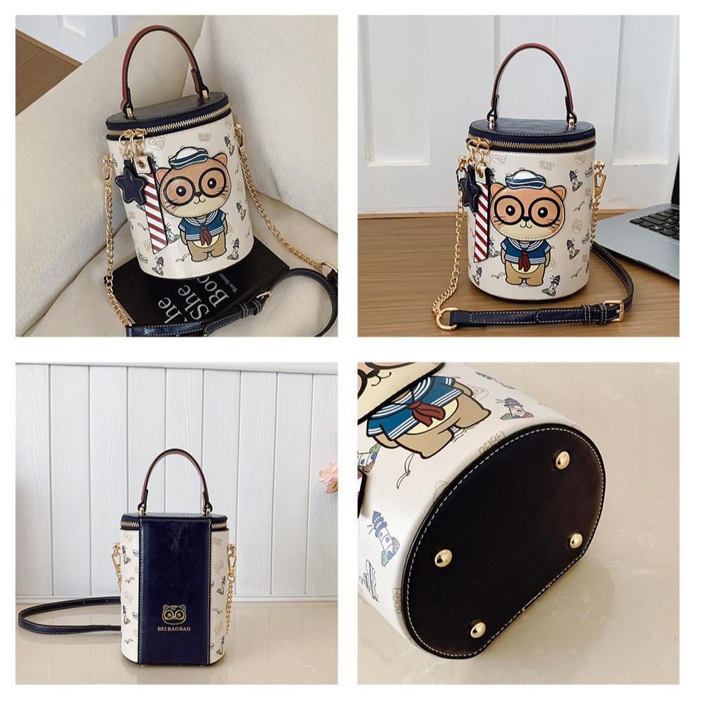 BEIBAOBAO New Cute Cartoon Cat Round Handbags High Texture PU Waterproof Women's One Shoulder Bag Popular Niche Small Basket Bags for Goddess Day Gift