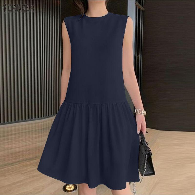 ZANZEA Women Casual Round Neck Solid Color Summer Sleeveless Dress