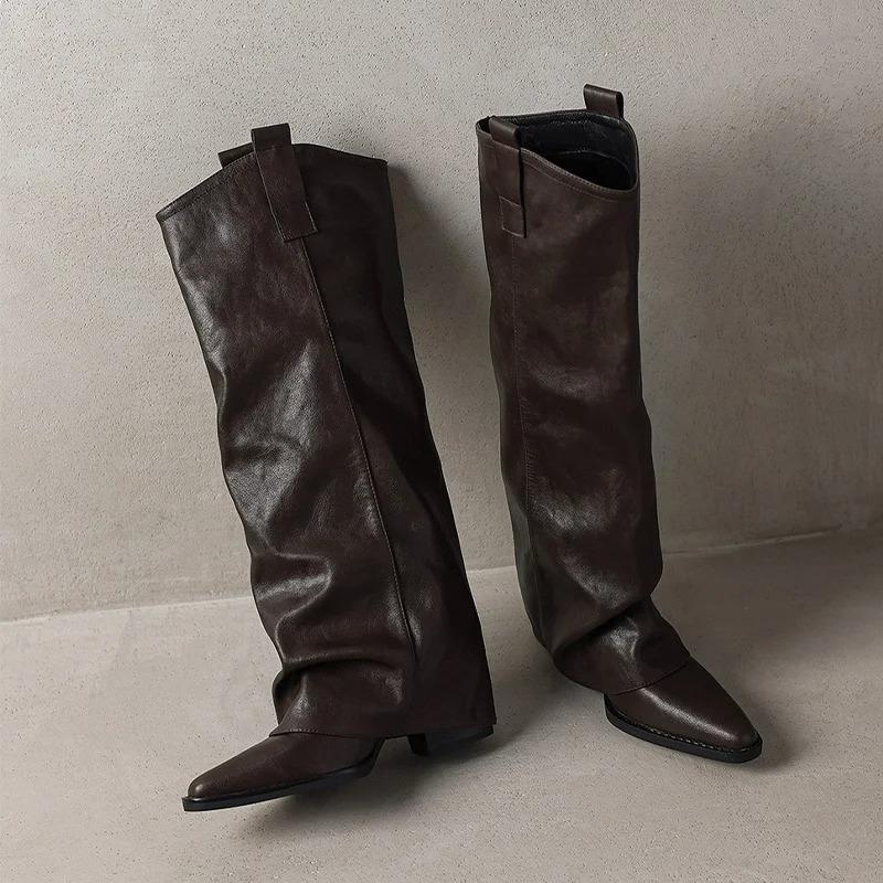 Women's High Boots Elegant Mid Heels Fashion Knee High Shoes 2025 Winter Pumps Chelsea Boots New Walking Leather Mujer De Botas