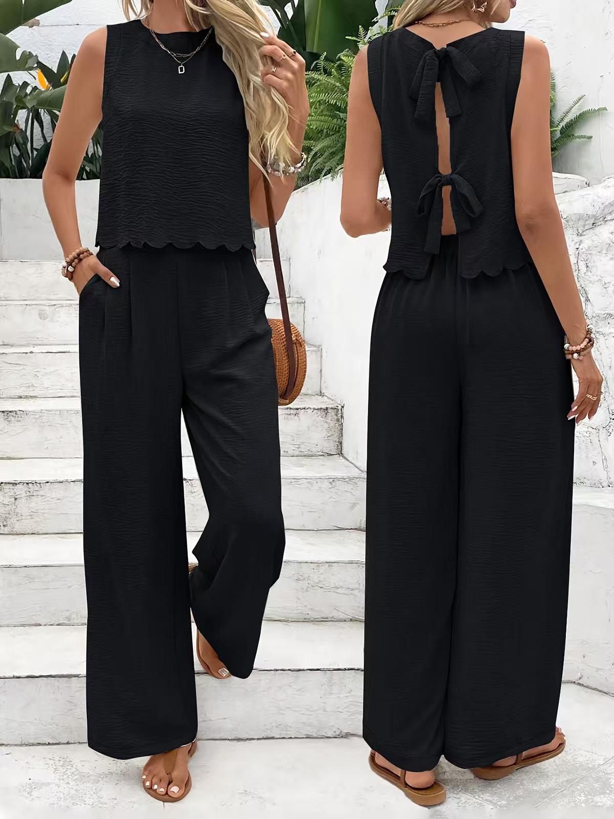 

Spring and summer new solid color T-shirt lace-up wide-leg pants two-piece French fashion elegant women s clothing XXL чорний